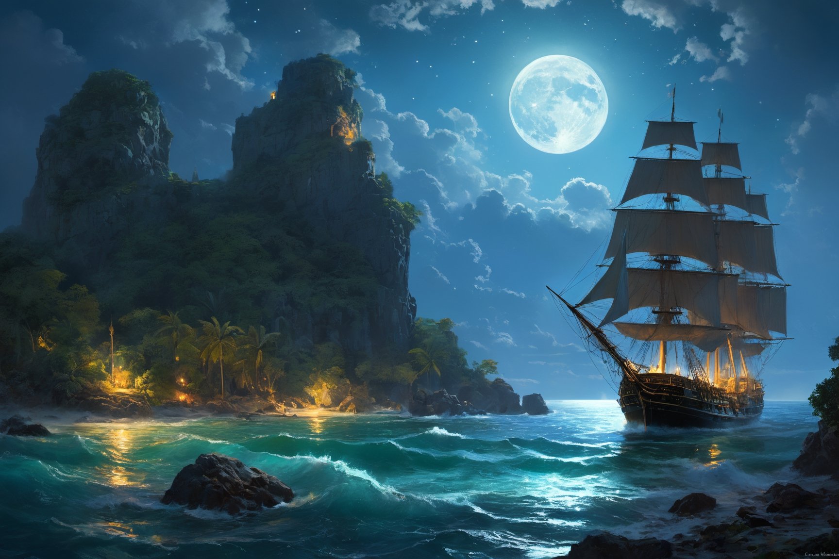 bird's eye view , tropical coastline landscape with ancient ruins in jungles, gold opal medalion shimmering with colors,((( fantasy world ))) ,((( tropical night , full moon ))) ,elven pirate sailboat in the bay ,  highly detailed, high resolution, raytraced reflections, dramatic lighting. 8k vibrant colors, neon ambiance, abstract black oil, detailed acrylic, grunge, intricate complexity, photorealistic, Makoto Shinkai Peter Kemp Mucha, kids story style, watercolor style, , watercolor style, perfect composition, beautiful detailed intricate insanely detailed octane render trending on artstation, 8 k ,artistic photography, photorealistic concept art, soft natural volumetric cinematic perfect moon light, chiaroscuro, award winning photograph, masterpiece, watercolor style, High Detail, dramatic, High Detail, dramatic ( very detailed background, detailed face, detailed complex busy background : 0.8 ) ,   (style of Ivan Aivazovsky:0.6), realistic, detailed, textured, skin, hair, eyes, by Alex Huguet, Mike Hill, Ian Spriggs, JaeCheol Park, Marek Denko, scenic , natural , majestic , by Ansel Adams , Galen Rowell , David Muench, Frans Lanting, Peter Lik
,more detail XL, ((style of Ivan Aivazovsky))