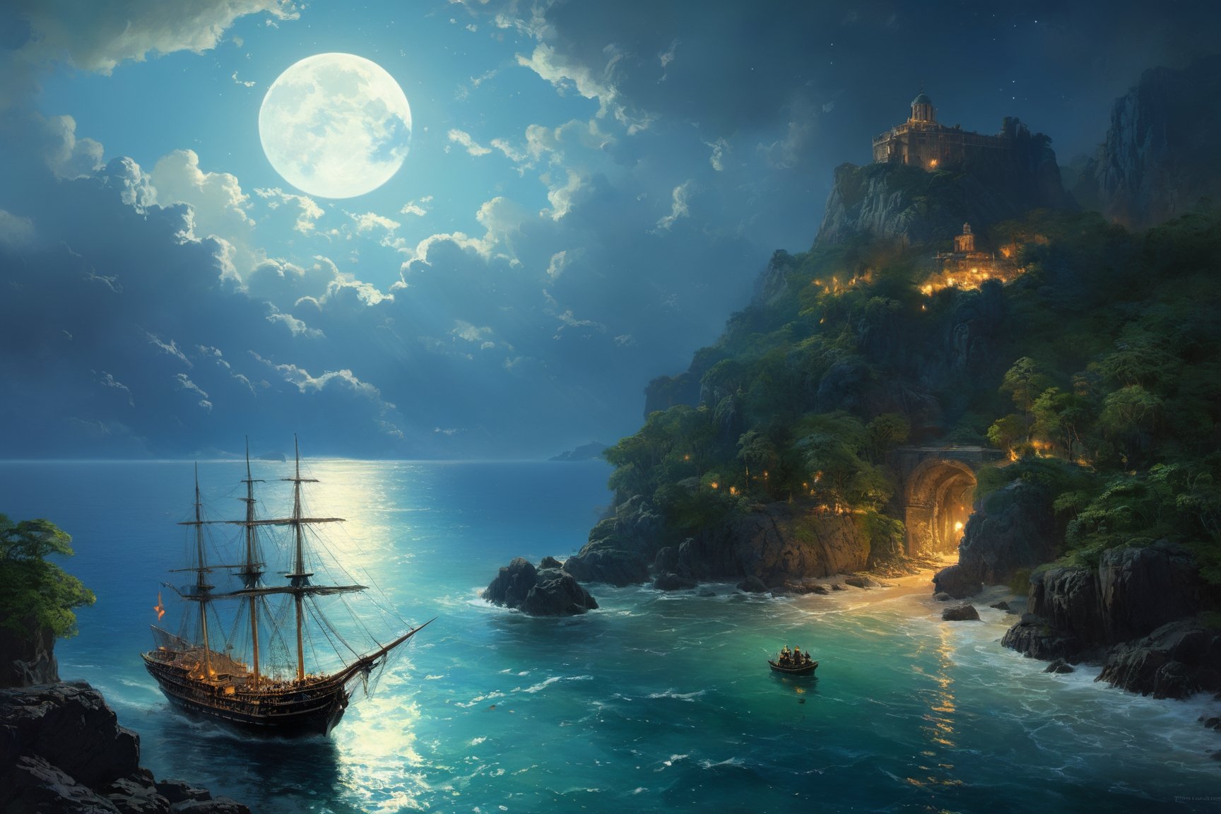 bird's eye view , tropical coastline landscape with ancient ruins in jungles, gold opal medalion shimmering with colors,((( fantasy world ))) ,((( tropical night , full moon ))) ,elven pirate sailboat in the bay ,  highly detailed, high resolution, raytraced reflections, dramatic lighting. 8k vibrant colors, neon ambiance, abstract black oil, detailed acrylic, grunge, intricate complexity, photorealistic, Makoto Shinkai Peter Kemp Mucha, kids story style, watercolor style, , watercolor style, perfect composition, beautiful detailed intricate insanely detailed octane render trending on artstation, 8 k ,artistic photography, photorealistic concept art, soft natural volumetric cinematic perfect moon light, chiaroscuro, award winning photograph, masterpiece, watercolor style, High Detail, dramatic, High Detail, dramatic ( very detailed background, detailed face, detailed complex busy background : 0.8 ) ,   (style of Ivan Aivazovsky:0.6), realistic, detailed, textured, skin, hair, eyes, by Alex Huguet, Mike Hill, Ian Spriggs, JaeCheol Park, Marek Denko, scenic , natural , majestic , by Ansel Adams , Galen Rowell , David Muench, Frans Lanting, Peter Lik
,more detail XL, ((style of Ivan Aivazovsky))