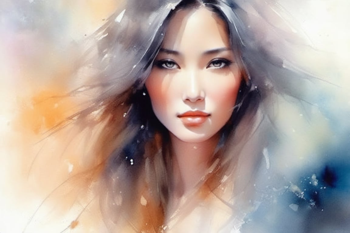 A beautiful oriental woman with long hair, beautiful confident dark eyes, beautiful face, pastel colors, portrait of Willem Haenraets, watercolor, wet on wet and splash technique, concept art, smooth, sharp focus, centered, perfect composition, abstract, super realism,watercolor \(medium\)