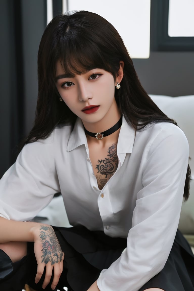 (masterpiece, best quality, high quality, perfect light, bright light)(1boy, solo, male focus, full_body, looking at viewer, close-up, straight hair, long hair, blonde hair, blunt bangs, smokey eyes, dark lipstick, eyeliner, choker, pendant earring, tattooed dragon, white knee-length skirt, ruffled petticoat, white Heeled Boots, kiss on someone)(forest, bush, grassland, lake),depth of field, better_hands,korean,handsome italian boy