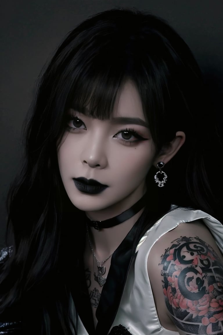 (masterpiece, best quality, high quality)(1boy, solo, male focus, looking at viewer, close-up, sinister style, straight hair, long hair, black hair, blunt bangs, smokey eyes, dark lipstick, eyeliner, black choker, pendant earring, tattooed dragon, charcoal gray knee-length skirt, ruffled petticoat, white Heeled Boots, sit)(forest, bush, moon)