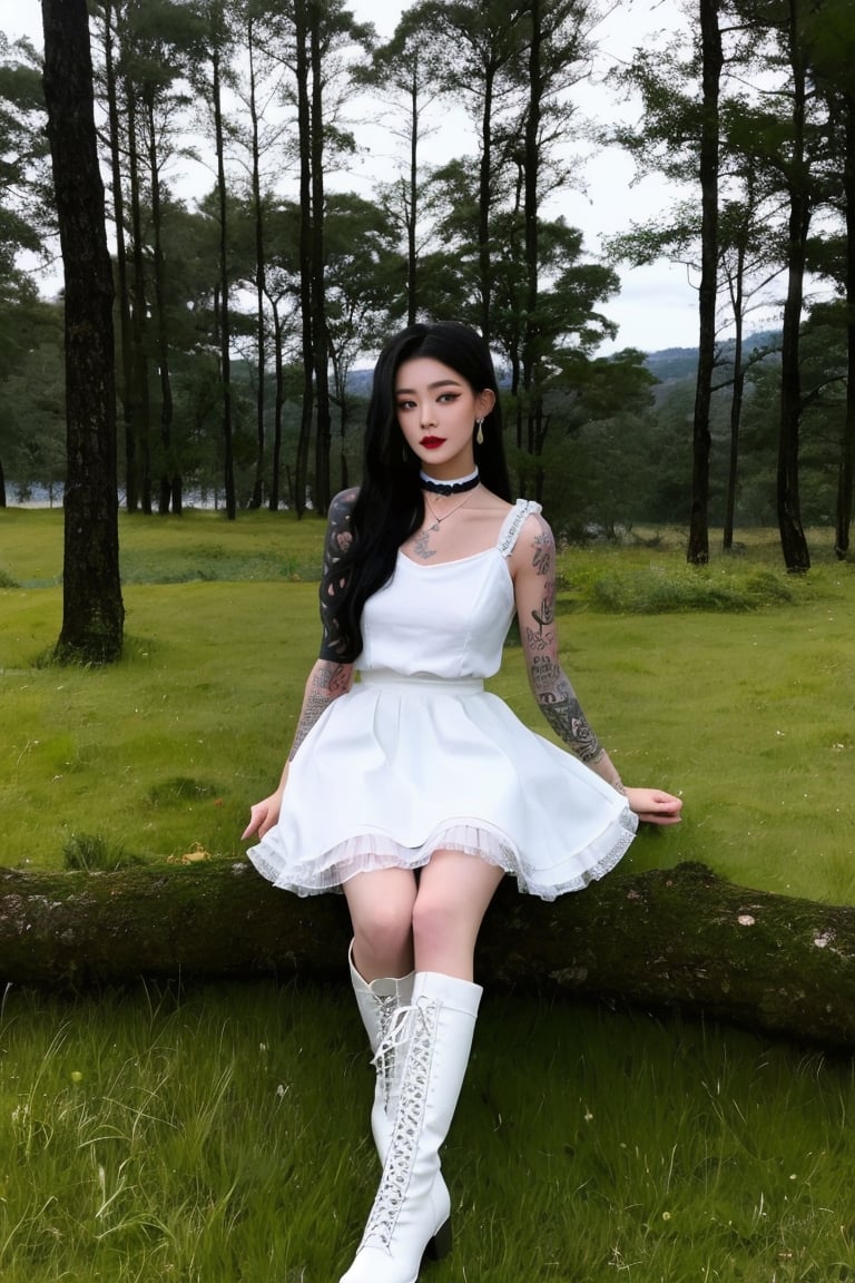 (masterpiece, best quality, high quality, perfect light, bright light)(1boy, solo, male focus, full_body, looking at viewer, close-up, straight hair, long hair, black hair, smokey eyes, dark lipstick, eyeliner, choker, pendant earring, tattooed dragon, white knee-length skirt, ruffled petticoat, white Heeled Boots, sitting)(forest, bush, grassland, lake)