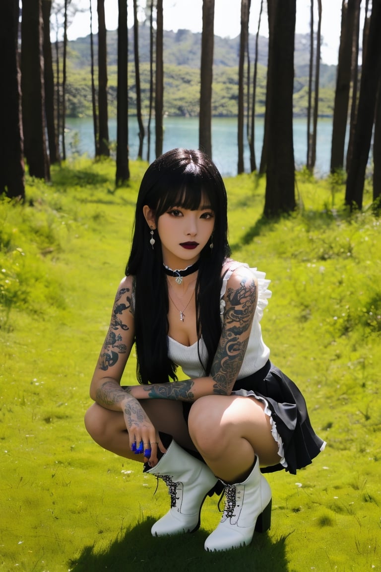 (masterpiece, best quality, high quality, perfect light, bright light)(1boy, solo, male focus, full_body, looking at viewer, close-up, straight hair, long hair, black hair, blunt bangs, smokey eyes, dark lipstick, eyeliner, choker, pendant earring, tattooed dragon, white knee-length skirt, ruffled petticoat, white Heeled Boots, sitting)(forest, bush, grassland, lake),depth of field