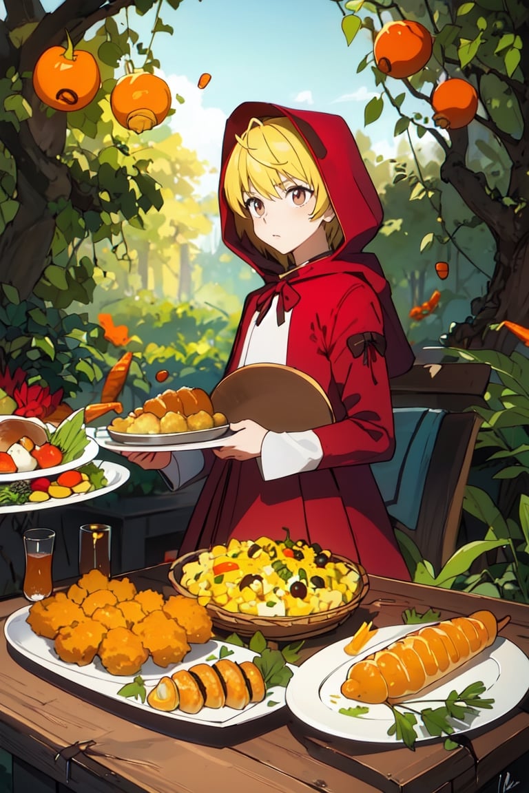 (1boy, solo, perfect, cute, masterpiece)(blush, long_sleeves, blonde_hair, little red riding hood, pleated_skirt, red_eyes, closed_mouth )(Thanksgiving turkey, carrot, food, orange_flower, grapes, bread, shrimp, leaf, plate, fried_egg, fish, bird, acorn, lemon, onion, holding_tray, baguette, tempura, syrup, basket, tray, vegetable, chicken, corn), forest, bush, best quality, kurapika