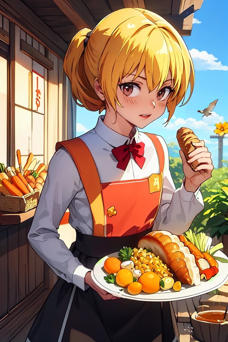 Thanksgiving turkey, carrot, food, 1boy, orange_flower, solo, grapes, bread, shrimp, leaf, plate, fried_egg, blush, fish, bird, long_sleeves, acorn, short brown ponytail, lemon, onion, holding_tray, baguette, tempura, syrup, basket, tray, dress, closed_mouth, skirt, red_eyes, vegetable, chicken, bakery, black_skirt, corn,perfect,cute,masterpiece,kurapika