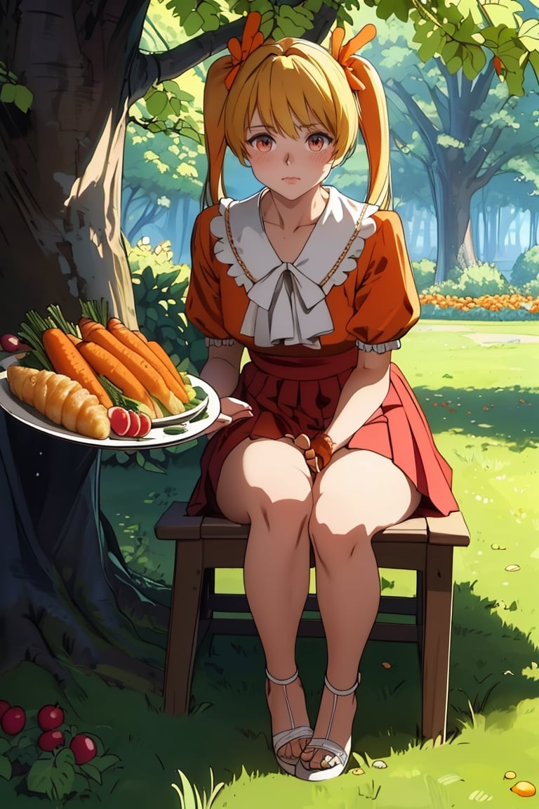 (1boy, solo, perfect, cute, masterpiece)(blush, short_sleeves, blonde_hair, long_hair, twin_tails, red dress, pleated_skirt, mini_skirt, red_eyes, closed_mouth, bare_legs, high_heel_sandals )(Thanksgiving turkey, carrot, food, orange_flower, grapes, bread, shrimp, leaf, plate, fried_egg, fish, bird, acorn, lemon, onion, holding_tray, baguette, tempura, syrup, basket, tray, vegetable, chicken, corn), forest, bush, best quality, sit on the grassland