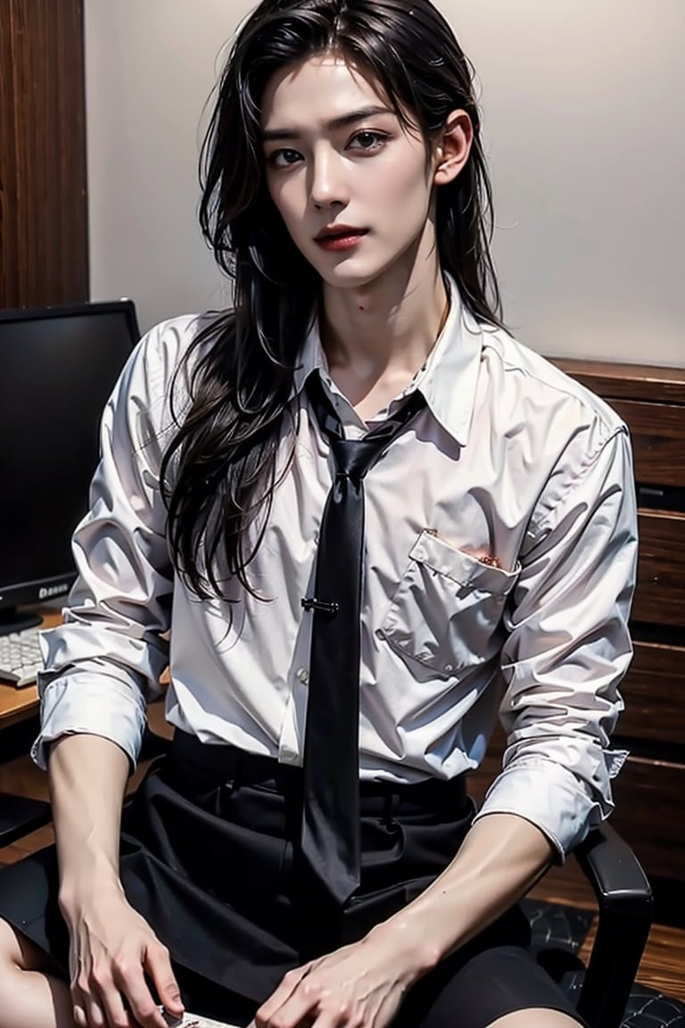 masterpiece, best quality, high quality, 1boy, solo, male focus, High detailed, sexy pose, office, shirt, tie, black short skirt, Full HD, good detail, sinister style, straight hair, long hair, black hair, horror, 1boy