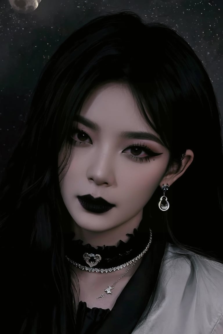 (masterpiece, best quality, high quality)(1boy, solo, male focus, looking at viewer, close-up, sinister style, straight hair, long hair, black hair, blunt bangs, smokey eyes, dark lipstick, eyeliner, black choker, pendant earring, tattooed dragon, charcoal gray knee-length skirt, ruffled petticoat, white Heeled Boots, kneeling)(forest, bush, moon)