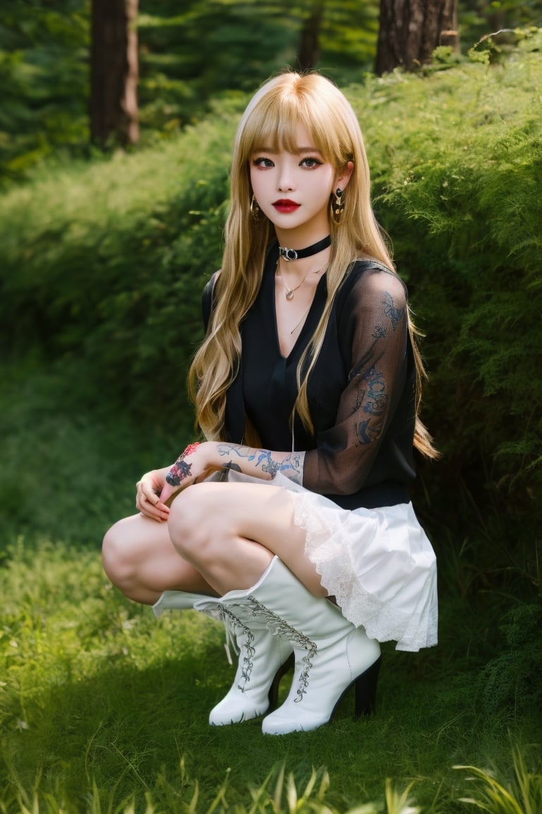 (masterpiece, best quality, high quality, perfect light, bright light)(1boy, solo, male focus, full_body, looking at viewer, close-up, straight hair, long hair, blonde hair, blunt bangs, smokey eyes, dark lipstick, eyeliner, choker, pendant earring, tattooed dragon, white knee-length skirt, ruffled petticoat, white Heeled Boots, sitting)(forest, bush, grassland, lake),depth of field,kurapika,hug,korean