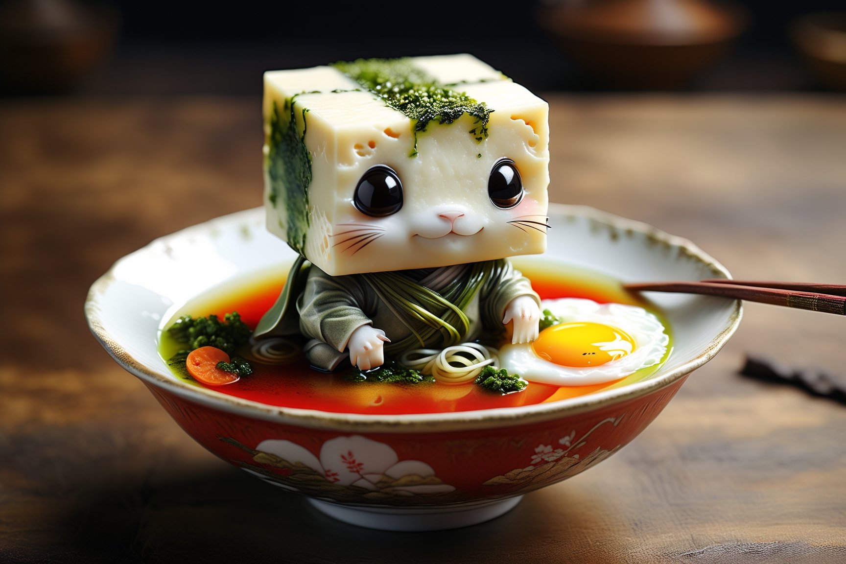 Imagine a chibi tofu cube art like (Jean Baptiste Monge) (shimmering cream tofu white coloration:1.4), its smooth surface, its human ears perked up in curiosity as it swims through a japanese colorful round porcelain bowl of steaming hot ramen (noodles, eggs, pork meet, onions). Its big, expressive eyes take in smells of the delicious broth, while a twig with a vibrant green tea leaf rests atop its head,  (photo HDR 8K) ,painting magic,  (splendid environment of tensor art),  perfect contrast,  (correct sharp photorealistic environment),  (highly detailed background),  detailed,  (masterpiece,  best quality:1.3) chuppy_fat:2,  looking viewer,  (Ultrasharp,  8k,  detailed,  ink art,  stunning,  vray tracing,  style raw,  unreal engine),  High detailed , Color magic,  Saturated colors,