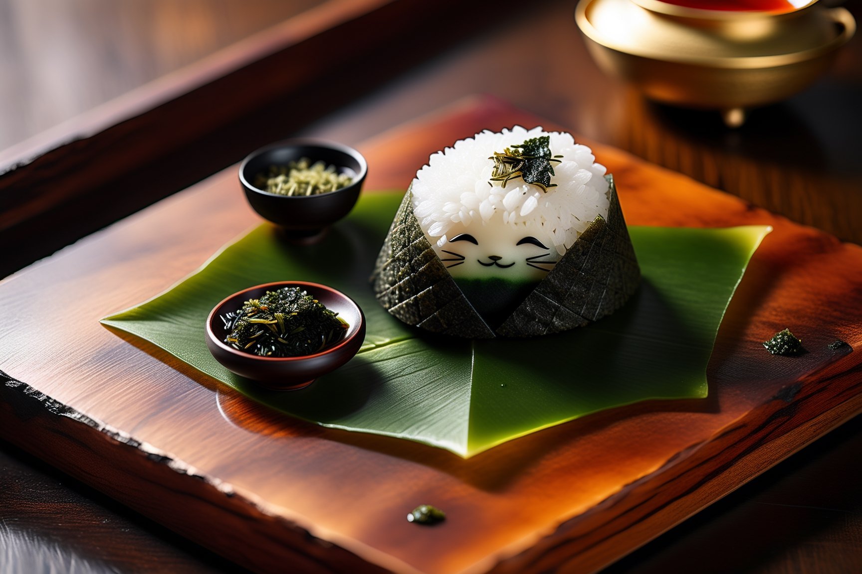 Imagine a chibi kawaii onigiri art like (Jean Baptiste Monge) (shimmering rice onigiri with triangular shape and nori seaweed sheet:1.4), its smooth surface, its huge cute eyes perked up in curiosity at it is placed on a crafted wooden tray with sakura leaves and a steaming hot japanese cup of green tea (autumn feel, japanese tea ceremony, cup of steaming hot Sencha green tea:1.4), ((artfully arranged with a colorful range of Wagashi and Wasanbon traditional japanese tea sweets)), (photo HDR 8K) ,painting magic,  (splendid environment of tensor art),  perfect contrast,  (correct sharp photorealistic environment),  (highly detailed background),  detailed,  (masterpiece,  best quality:1.3) chuppy_fat:2,  looking viewer,  (Ultrasharp,  8k,  detailed,  ink art,  stunning,  vray tracing,  style raw,  unreal engine),  High detailed , Color magic,  Saturated colors,