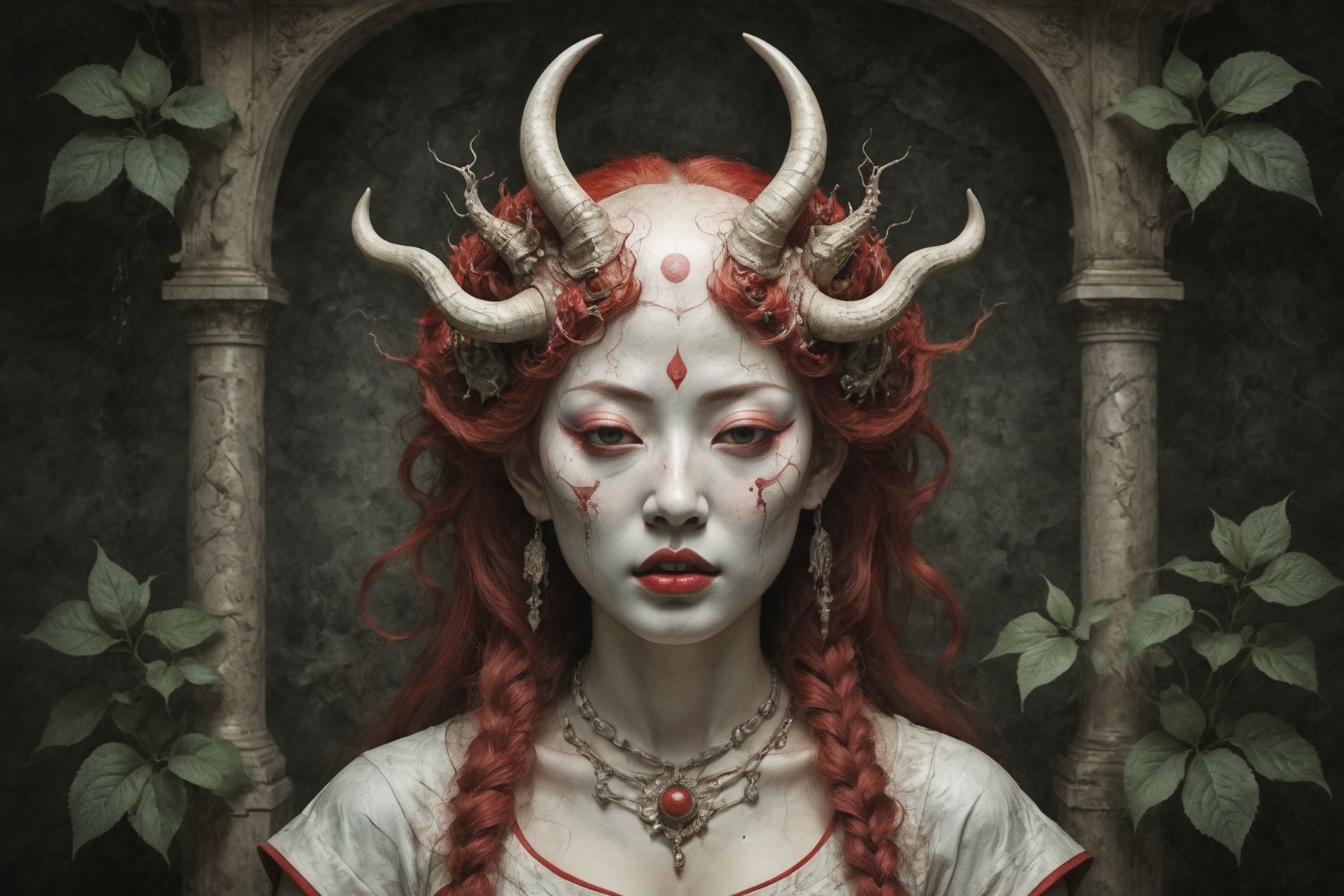 symmetrical portrait of surreal abandoned sculpture of white japanese female stunning sensual Tengu (with a splashing coloration of Alberto Seveso and Basil Gogos), ((Wild crazy long fire red hair)), dream - like heavy mysterious atmosphere,in an abandoned japanese overgrown shrine, perfect composition,beautiful detailed intricate insanely detailed octane,unreal engine 5,8k (artistic photography like Bella Kotak),photo realistic,soft natural volumetric cinematic perfect light,chiaroscuro,award - winning photography, (((tsutomu nihei, Bastien Lecouffe Deharme, iris van herpen and Ayami Kojima))), art forms of nature by ernst haeckel,  art nouveau,  symbolist,  Kinetic Art,  visionary,  gothic,  (((ancient japanese mythical being, crying Tengu with horns:1.4))),  neo - gothic,  pre - raphaelite,  fractal lace, intricate mythical botanical,  ai biodiversity,  surrealism,  hyper detailed ultra sharp octane render,  (Audrey Kawasaki,  Anna Dittmann:1.4),  known for their captivating and atmospheric pieces. The overall effect of the image is ethereal,  as if the woman is enveloped in glowing stardust created expertly by artist W. Zelmer. The image is of exceptional quality,  showcasing the fine details and masterful blending of colors, folklore, ,on parchment, Chinese Ghost Story, ((luminescence, iridescent effect:1.3)), (((nsfw, big breasts:1.4)))