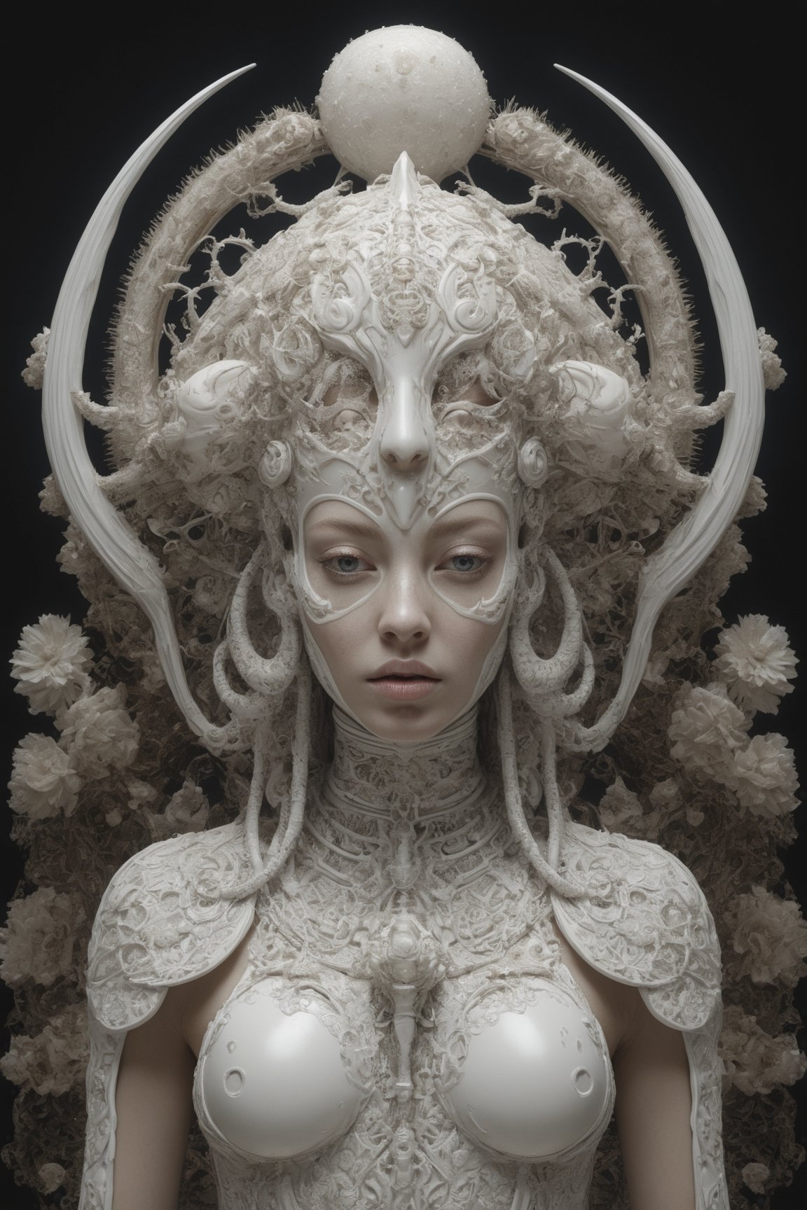 symmetrical portrait of surreal abandoned sculpture of white egyptian horus as female queen with a splashing coloration of Alberto Seveso, covered with white tentacles white flesh white meat on white exoplanet,soft bloom,dream - like heavy mysterious atmosphere,in the wastelands, baroque landscape,perfect composition,beautiful detailed intricate insanely detailed octane,unreal engine 5,8k artistic photography,photo realistic,soft natural volumetric cinematic perfect light,chiaroscuro,award - winning photography tsutomu nihei,  Bastien Lecouffe Deharme,  iris van herpen and wangechi Mutu,  art forms of nature by ernst haeckel,  art nouveau,  symbolist,  Kinetic Art,  visionary,  gothic,  (((Merrow Irish mythical being:1.4))),  neo - gothic,  pre - raphaelite,  fractal lace, intricate mythical botanical,  ai biodiversity,  surrealism,  hyper detailed ultra sharp octane render,  (Audrey Kawasaki,  Anna Dittmann:1.4),  known for their captivating and atmospheric pieces. The overall effect of the image is ethereal,  as if the woman is enveloped in glowing stardust,  created expertly by artist W. Zelmer. The image is of exceptional quality,  showcasing the fine details and masterful blending of colors,