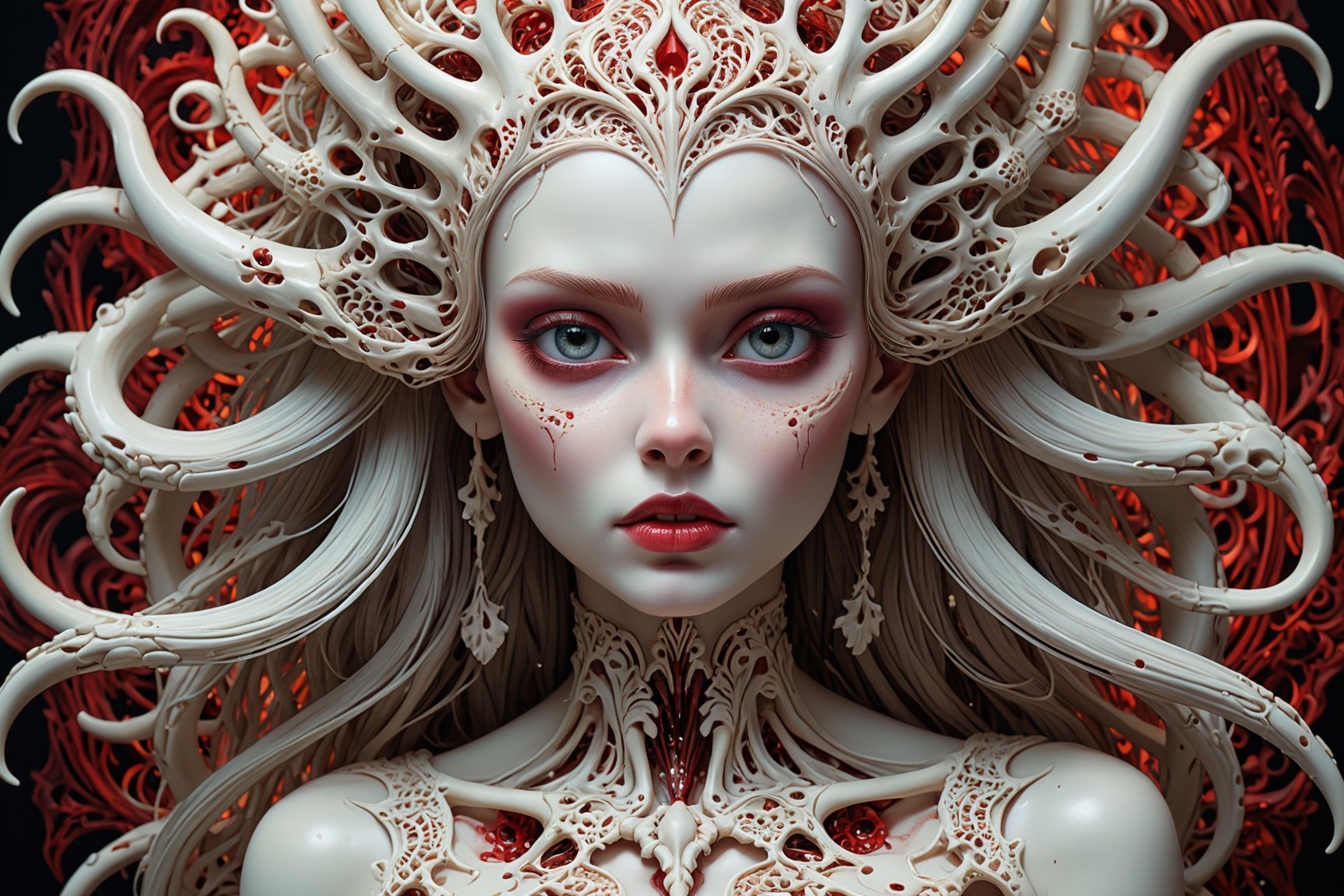 detailed realistic beautiful porcelain skull goddess portrait (blood soaked hair) by jean delville, gustave dore, iris van herpen and marco mazzoni, art forms of nature by ernst haeckel, art nouveau, symbolist, Kinetic Art, visionary, gothic, ((vampire)), neo - gothic, pre - raphaelite, fractal lace, intricate alien botanicals, ai biodiversity, surreality, hyperdetailed ultrasharp octane render, (Audrey Kawasaki, Anna Dittmann), known for their captivating and atmospheric pieces. The overall effect of the image is ethereal, as if the woman is enveloped in glowing stardust, created expertly by artist W. Zelmer. The image is of exceptional quality, showcasing the fine details and masterful blending of colors, ((dripping blood, bones, crackling skin, Skulls)), 