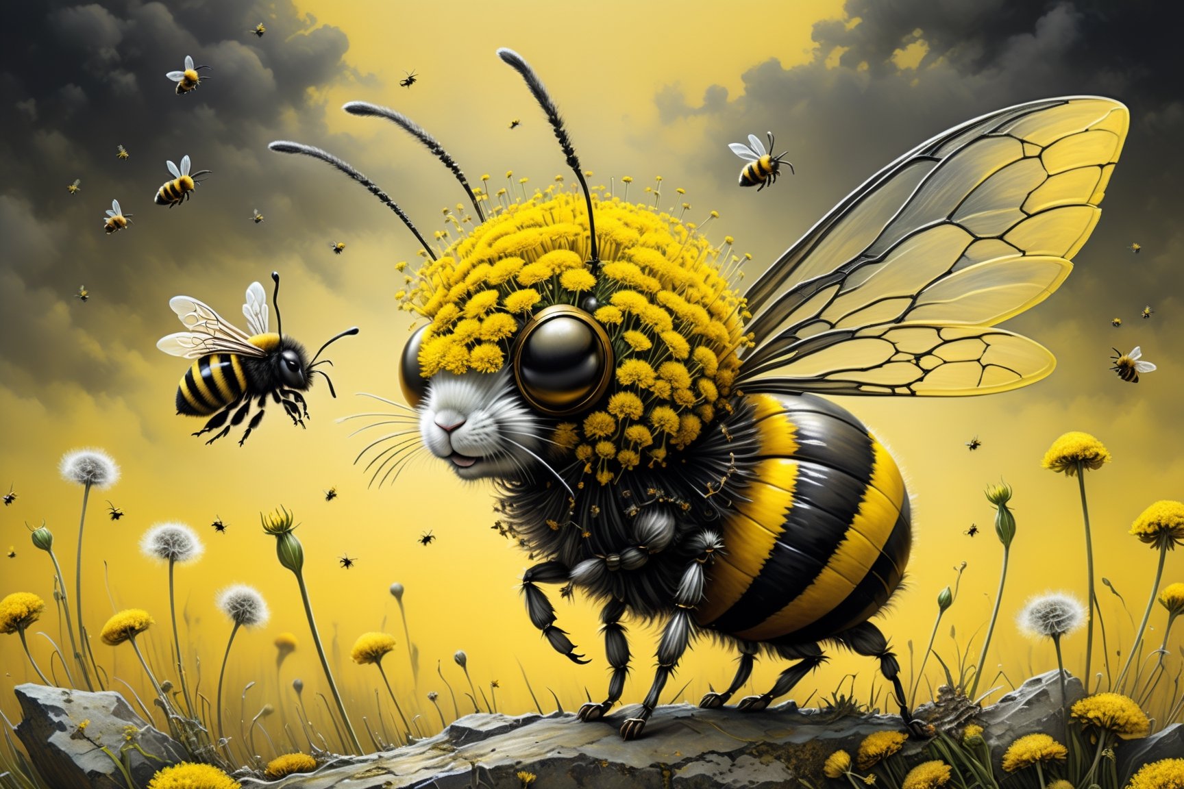  a creature that combines the delicate beauty of a bee with the cuteness of a bunny and a zombie (style of Jean Baptiste Monge). Its wings are made of shimmering chitin,  and its body is adorned with bold yellow and black stripes. It is flying through a surreal landscape,  reminiscent of Tim Burton's twisted imagination,  with Blowballs (dandelion blowballs:1.4) that seem to be straight out of a dream. (yellow black stripes:1.4),  (bunny eas and bee transparent chitin wings:1.4),  (photo HDR 8K) , painting magic,  (splendid environment of tensor art),  perfect contrast,  (correct sharp photorealistic environment),  (highly detailed bacgroung),  detailed,  (masterpiece,  best quality:1.3) chuppy_fat:2,  looking viewer,  (Ultrasharp,  8k,  detailed,  ink art,  stunning,  vray tracing,  style raw,  unreal engine),  High detailed,  Color magic,  Saturated colors,  game icon,