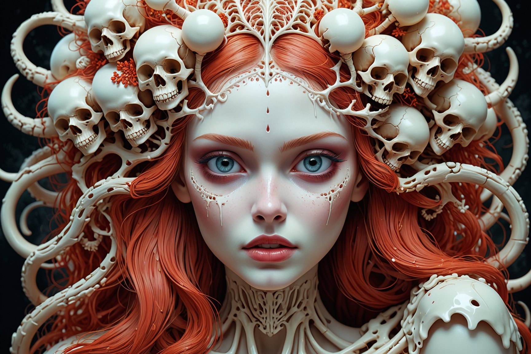 detailed realistic beautiful porcelain skull goddess portrait (blood soaked hair) by jean delville, gustave dore, iris van herpen and marco mazzoni, art forms of nature by ernst haeckel, art nouveau, symbolist, Kinetic Art, visionary, gothic, ((vampire)), neo - gothic, pre - raphaelite, fractal lace, intricate alien botanicals, ai biodiversity, surreality, hyperdetailed ultrasharp octane render, (Audrey Kawasaki, Anna Dittmann), known for their captivating and atmospheric pieces. The overall effect of the image is ethereal, as if the woman is enveloped in glowing stardust, created expertly by artist W. Zelmer. The image is of exceptional quality, showcasing the fine details and masterful blending of colors, ((dripping blood, bones, crackling skin, Skulls)), 