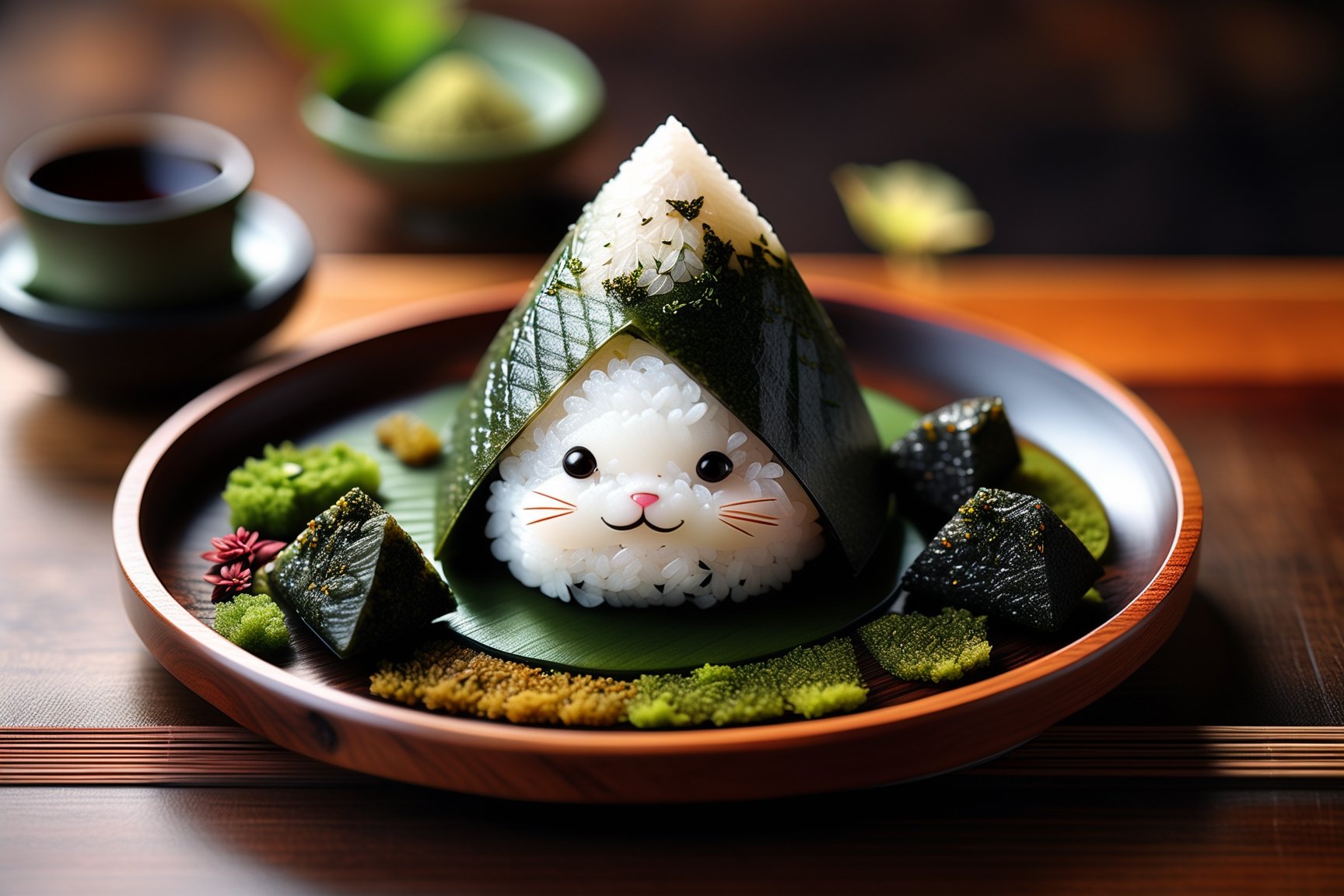 Imagine a chibi kawaii cute onigiri art like (Jean Baptiste Monge) (shimmering rice onigiri with triangular shape and nori seaweed sheet:1.4), its smooth surface, its huge cute eyes perked up in curiosity at it is placed on a crafted wooden tray with sakura leaves and a steaming hot japanese cup of green tea (autumn feel, japanese tea ceremony, cup of steaming hot Sencha green tea:1.4), ((artfully arranged with a colorful range of Wagashi and Wasanbon traditional japanese tea sweets)), (photo HDR 8K) ,painting magic,  (splendid environment of tensor art),  perfect contrast,  (correct sharp photorealistic environment),  (highly detailed background),  detailed,  (masterpiece,  best quality:1.3) chuppy_fat:2,  looking viewer,  (Ultrasharp,  8k,  detailed,  ink art,  stunning,  vray tracing,  style raw,  unreal engine),  High detailed , Color magic,  Saturated colors,