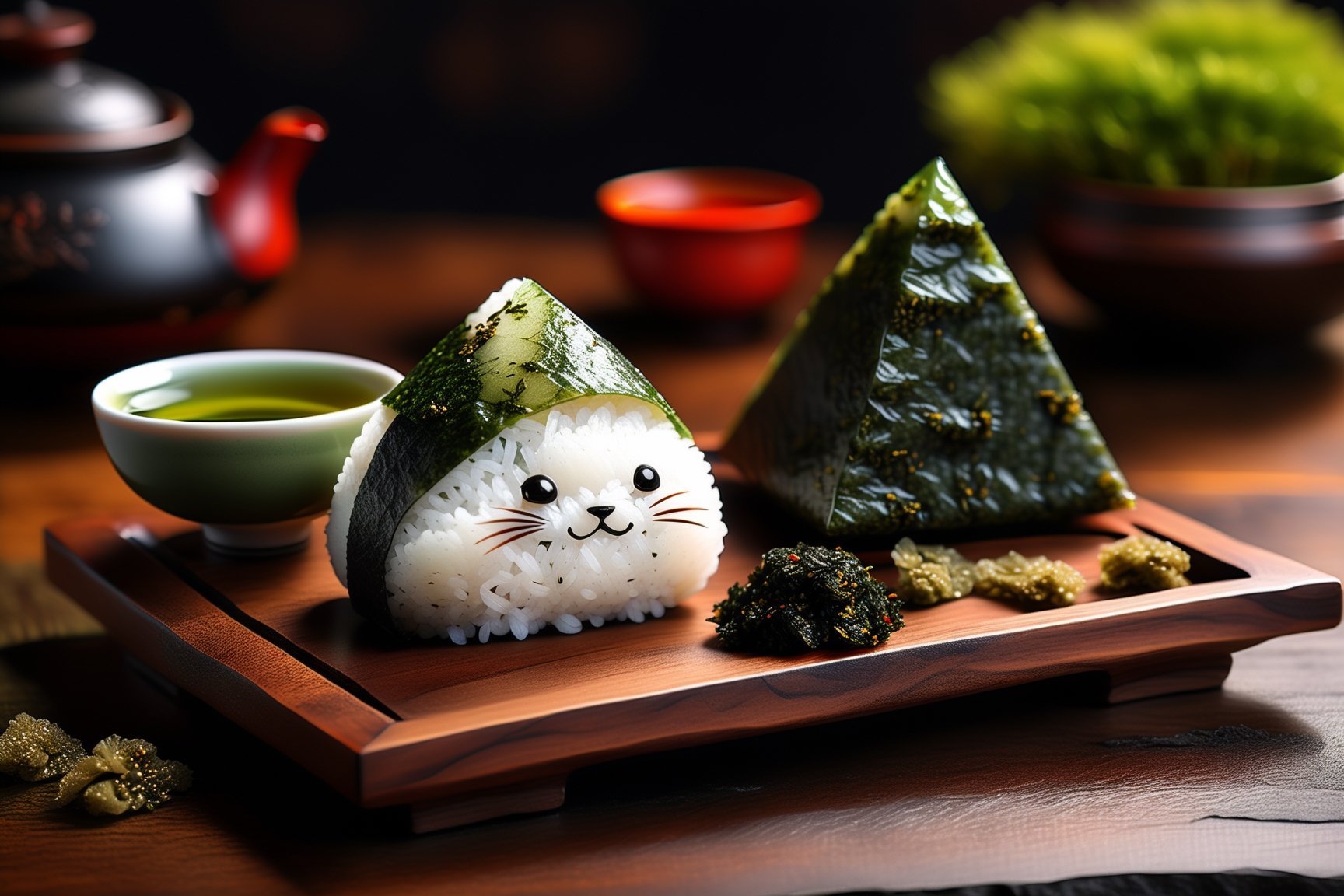 Imagine a chibi kawaii onigiri art like (Jean Baptiste Monge) (shimmering rice onigiri with triangular shape and nori seaweed sheet:1.4), its smooth surface, its huge cute eyes perked up in curiosity at it is placed on a crafted wooden tray with sakura leaves and a steaming hot japanese cup of green tea (autumn feel, japanese tea ceremony, cup of steaming hot Sencha green tea:1.4), ((artfully arranged with a colorful range of Wagashi and Wasanbon traditional japanese tea sweets)), (photo HDR 8K) ,painting magic,  (splendid environment of tensor art),  perfect contrast,  (correct sharp photorealistic environment),  (highly detailed background),  detailed,  (masterpiece,  best quality:1.3) chuppy_fat:2,  looking viewer,  (Ultrasharp,  8k,  detailed,  ink art,  stunning,  vray tracing,  style raw,  unreal engine),  High detailed , Color magic,  Saturated colors,