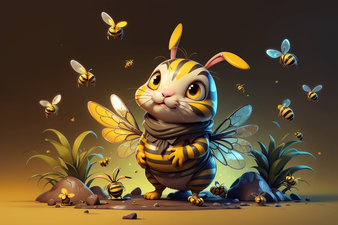 Imagine a creature that combines the delicate beauty of a bee with the cuteness of a bunny. Its wings are made of shimmering chitin, and its body is adorned with bold yellow and black stripes. It flits through a surreal landscape, reminiscent of Tim Burton's twisted imagination, with Blowballs that seem to be straight out of a dream. (yellow black stripes:1.4), (bunny eas and bee transparent chitin wings:1.4), (photo HDR 8K) ,painting magic,  (splendid environment of tensor art),  perfect contrast,  (correct sharp photorealistic environment),  (highly detailed bacgroung),  detailed,  (masterpiece,  best quality:1.3) Animal,  chuppy_fat:2,  looking viewer,  (Ultrasharp,  8k,  detailed,  ink art,  stunning,  vray tracing,  style raw,  unreal engine),  High detailed , Color magic,  Saturated colors,  game icon