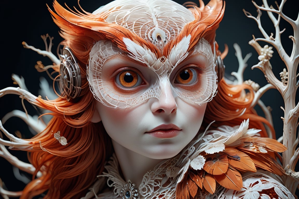 photo RAW, (Coquelicot, Mahogany, Russet and neon honey: Portrait of ghostly woman with Eastern Screech-Owl features, shiny aura, highly detailed, white filigree, intricate motifs, organic tracery, Hayley Williams, Januz Miralles, Audrey Kawasaki, glowing stardust by W. Zelmer, perfect composition, smooth, sharp focus, sparkling particles, feathers background Realistic, realism, hd, 35mm photograph, 8k), masterpiece, award winning photography, natural light, perfect composition, high detail, hyper realistic,