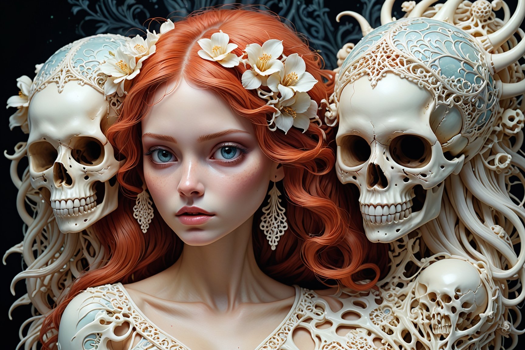 detailed realistic beautiful porcelain skull goddess portrait (blood soaked hair) by jean delville, gustave dore, iris van herpen and marco mazzoni, art forms of nature by ernst haeckel, art nouveau, symbolist, Kinetic Art, visionary, gothic, neo - gothic, pre - raphaelite, fractal lace, intricate alien botanicals, ai biodiversity, surreality, hyperdetailed ultrasharp octane render, (Audrey Kawasaki, Anna Dittmann), known for their captivating and atmospheric pieces. The overall effect of the image is ethereal, as if the woman is enveloped in glowing stardust, created expertly by artist W. Zelmer. The image is of exceptional quality, showcasing the fine details and masterful blending of colors, ((dripping oil, Skulls)),