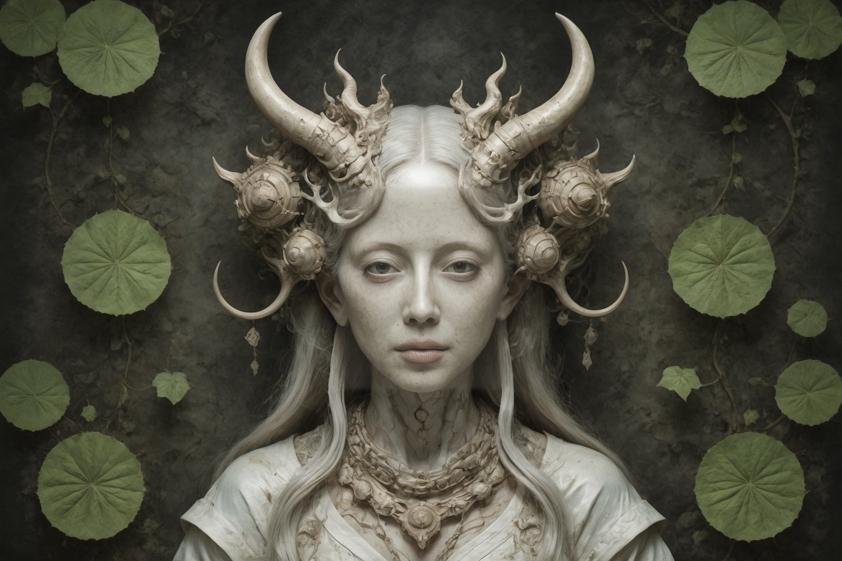 symmetrical portrait of surreal abandoned sculpture of white japanese female stunning sensual Tengu (with a splashing coloration of Alberto Seveso and Basil Gogos), ((Wild crazy long white hair)), dream - like heavy mysterious atmosphere,in an abandoned japanese overgrown shrine, perfect composition,beautiful detailed intricate insanely detailed octane,unreal engine 5,8k artistic photography,photo realistic,soft natural volumetric cinematic perfect light,chiaroscuro,award - winning photography, ((tsutomu nihei, Bastien Lecouffe Deharme,  iris van herpen and wangechi Mutu)), art forms of nature by ernst haeckel,  art nouveau,  symbolist,  Kinetic Art,  visionary,  gothic,  (((ancient japanese mythical being, Tengu with horns:1.4))),  neo - gothic,  pre - raphaelite,  fractal lace, intricate mythical botanical,  ai biodiversity,  surrealism,  hyper detailed ultra sharp octane render,  (Audrey Kawasaki,  Anna Dittmann:1.4),  known for their captivating and atmospheric pieces. The overall effect of the image is ethereal,  as if the woman is enveloped in glowing stardust created expertly by artist W. Zelmer. The image is of exceptional quality,  showcasing the fine details and masterful blending of colors, folklore, ,on parchment