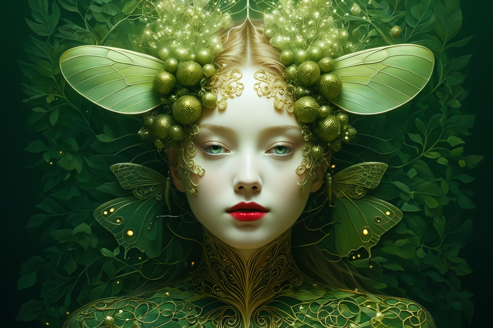 photo RAW, (starbucks green and gold: Portrait of ghostly woman with Blackberry Looper Moth features, shiny aura (open impressive eyes), highly detailed, golden filigree, intricate motifs, organic tracery, Kiernan Shipka, Januz Miralles, Audrey Kawasaki, glowing stardust by W. Zelmer, perfect composition, smooth, sharp focus, sparkling particles, decaying wood background Realistic, realism, hd, 35mm photograph, 8k), masterpiece, award winning photography, natural light, perfect composition, high detail, hyper realistic, ((tsutomu nihei, Bastien Lecouffe Deharme, iris van herpen and wangechi Mutu)), art forms of nature by ernst haeckel, art nouveau, symbolist, Kinetic Art, visionary, gothic, (((human insect:1.4))), neo - gothic, pre - raphaelite, fractal lace, intricate mythical botanical, ai biodiversity, surrealism, hyper detailed ultra sharp octane render, (Audrey Kawasaki, Anna Dittmann:1.4), known for their captivating and atmospheric pieces. The overall effect of the image is ethereal, as if the woman is enveloped in glowing stardust, created expertly by artist W. Zelmer. The image is of exceptional quality, showcasing the fine details and masterful blending of colors, red lips, a wry smile on her face, she is terrifying,FilmGirl, full_body, nsfw,Gric,more detail XL