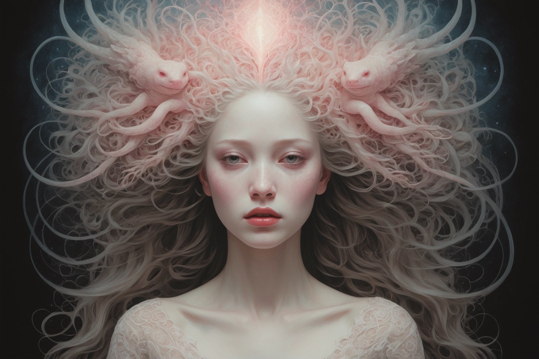 This paragraph describes a stunning image of a ghostly woman with Axolotl features and a human face. The image is primarily a painting, filled with vibrant colors such as pink, cream, red, white, and luminescence. The woman has a shiny aura surrounding her, and her presence is further enhanced by the intricate red filigree designs that adorn the artwork. The style of the image takes inspiration from artists Januz Miralles and Audrey Kawasaki, known for their captivating and atmospheric pieces. The overall effect of the image is ethereal, as if the woman is enveloped in glowing stardust, created expertly by artist W. Zelmer. The image is of exceptional quality, showcasing the fine details and masterful blending of colors. The background is like a dark image within the depths of the ocean while a sunken rustic ship is portrait stranded in the distance  Kinetic Art,  visionary,  gothic,  (((ancient mythical being:1.4))),  neo - gothic,  pre - raphaelite,  fractal lace, intricate mythical botanical,  ai biodiversity,  surrealism,  hyper detailed ultra sharp octane render,  (Audrey Kawasaki,  Anna Dittmann:1.4),  known for their captivating and atmospheric pieces. The overall effect of the image is ethereal,  as if the woman is enveloped in glowing stardust,  created expertly by artist W. Zelmer. The image is of exceptional quality,  showcasing the fine details and masterful blending of colors,