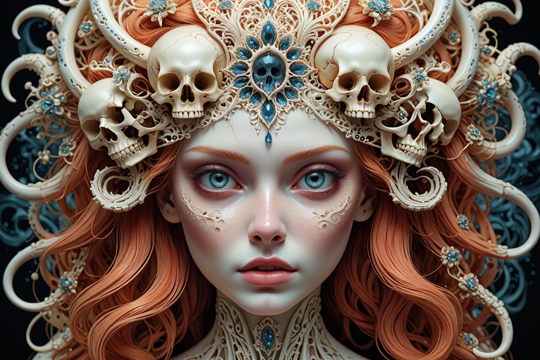 detailed realistic beautiful porcelain skull goddess portrait (blood soaked hair) by jean delville, gustave dore, iris van herpen and marco mazzoni, art forms of nature by ernst haeckel, art nouveau, symbolist, Kinetic Art, visionary, gothic, neo - gothic, pre - raphaelite, fractal lace, intricate alien botanicals, ai biodiversity, surreality, hyperdetailed ultrasharp octane render, (Audrey Kawasaki, Anna Dittmann), known for their captivating and atmospheric pieces. The overall effect of the image is ethereal, as if the woman is enveloped in glowing stardust, created expertly by artist W. Zelmer. The image is of exceptional quality, showcasing the fine details and masterful blending of colors, ((dripping oil, Skulls)),