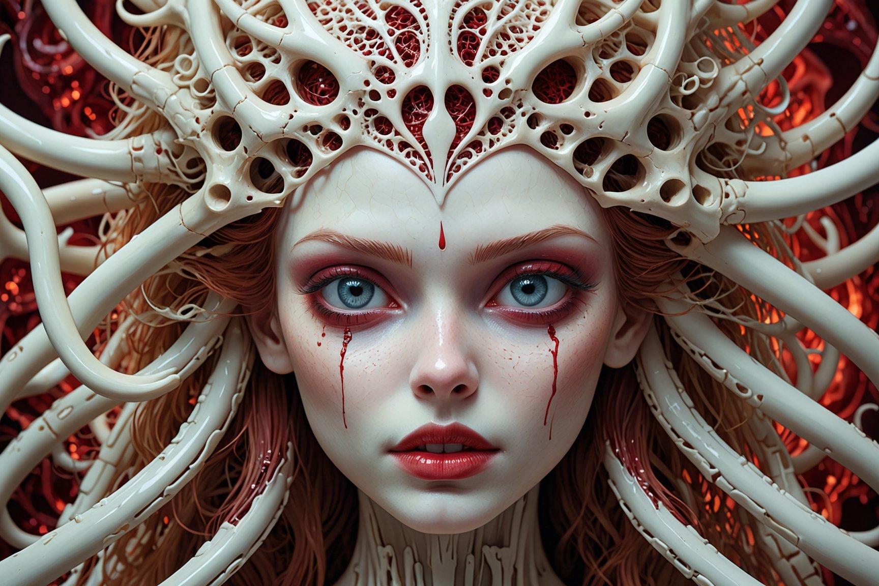 detailed realistic beautiful porcelain skull goddess portrait (blood soaked hair) by jean delville, gustave dore, iris van herpen and marco mazzoni, art forms of nature by ernst haeckel, art nouveau, symbolist, Kinetic Art, visionary, gothic, ((vampire)), neo - gothic, pre - raphaelite, fractal lace, intricate alien botanicals, ai biodiversity, surreality, hyperdetailed ultrasharp octane render, (Audrey Kawasaki, Anna Dittmann), known for their captivating and atmospheric pieces. The overall effect of the image is ethereal, as if the woman is enveloped in glowing stardust, created expertly by artist W. Zelmer. The image is of exceptional quality, showcasing the fine details and masterful blending of colors, ((dripping blood, bones, crackling skin, Skulls)), 