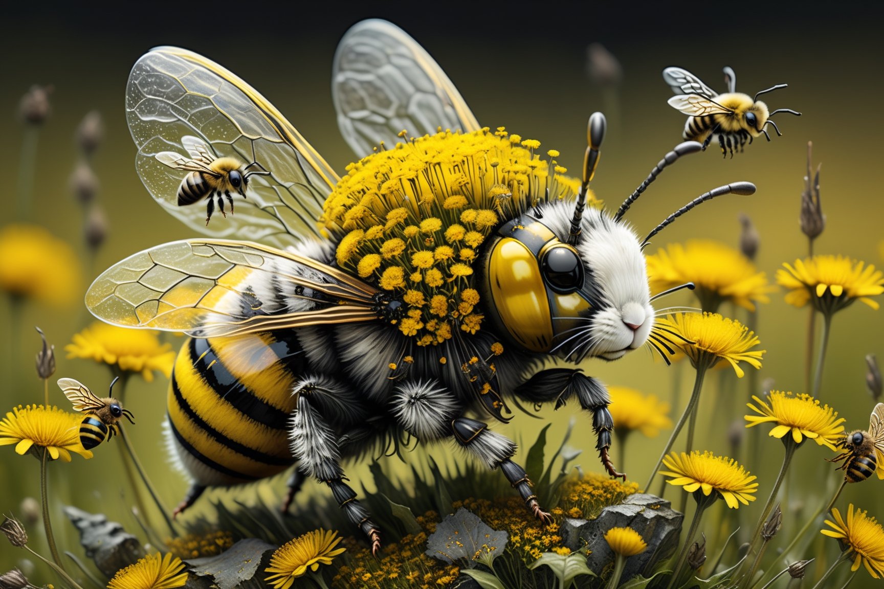  a creature that combines the delicate beauty of a bee with the cuteness of a bunny and a zombie (style of Jean Baptiste Monge). Its wings are made of shimmering chitin,  and its body is adorned with bold yellow and black stripes. It is flying through a surreal landscape,  reminiscent of Tim Burton's twisted imagination,  with Blowballs (dandelion blowballs:1.4) that seem to be straight out of a dream. (yellow black stripes:1.4),  (bunny eas and bee transparent chitin wings:1.4),  (photo HDR 8K) , painting magic,  (splendid environment of tensor art),  perfect contrast,  (correct sharp photorealistic environment),  (highly detailed bacgroung),  detailed,  (masterpiece,  best quality:1.3) chuppy_fat:2,  looking viewer,  (Ultrasharp,  8k,  detailed,  ink art,  stunning,  vray tracing,  style raw,  unreal engine),  High detailed,  Color magic,  Saturated colors,  game icon,