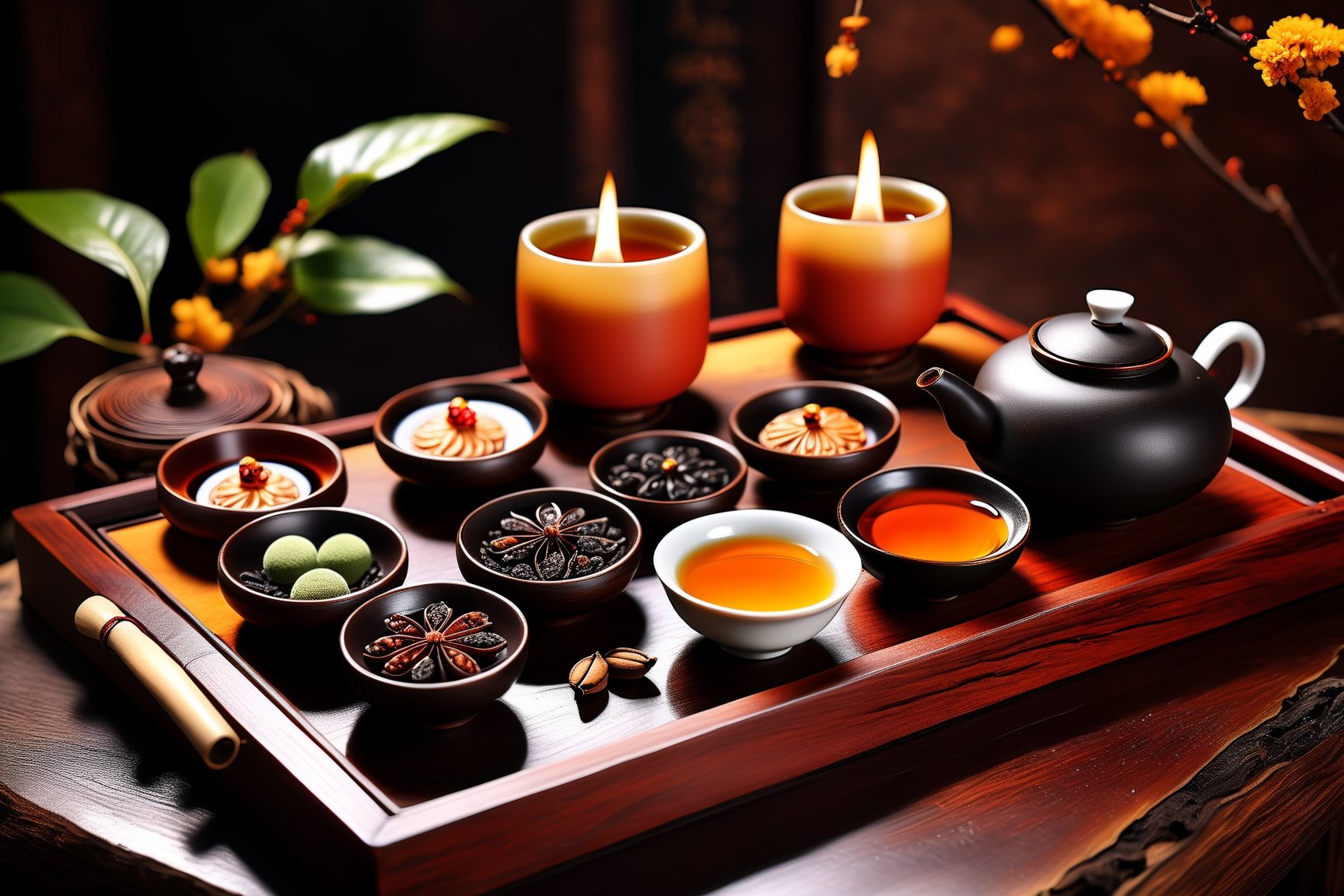 Imagine a traditional chinese tea ceremony with a yellow yixing teapot, small cups, cha hai art like (Jean Baptiste Monge) (shimmering steaming tea ceremony, wooden trays, old rustic dark wooden table:1.4), its smooth surface placed on a crafted wooden tray with osmanthus leaves, dried fruits and nuts, cute snail teapet,(autumn feel, chinese tea ceremony, clay yixing teapot, chinese porcelain cups of steaming hot pu-erh tea:1.4), ((artfully arranged with a colorful range of traditional chinese sweets)), ((Chinese moon cake and Pu-erh cakes in the Background:1.3)), (photo HDR 8K) ,painting magic,  (splendid environment of tensor art),  perfect contrast,  (correct sharp photorealistic environment),  (highly detailed background),  detailed,  (masterpiece,  best quality:1.3) chuppy_fat:2,  looking viewer,  (Ultrasharp,  8k,  detailed,  ink art,  stunning,  vray tracing,  style raw,  unreal engine),  High detailed , Color magic,  Saturated colors,