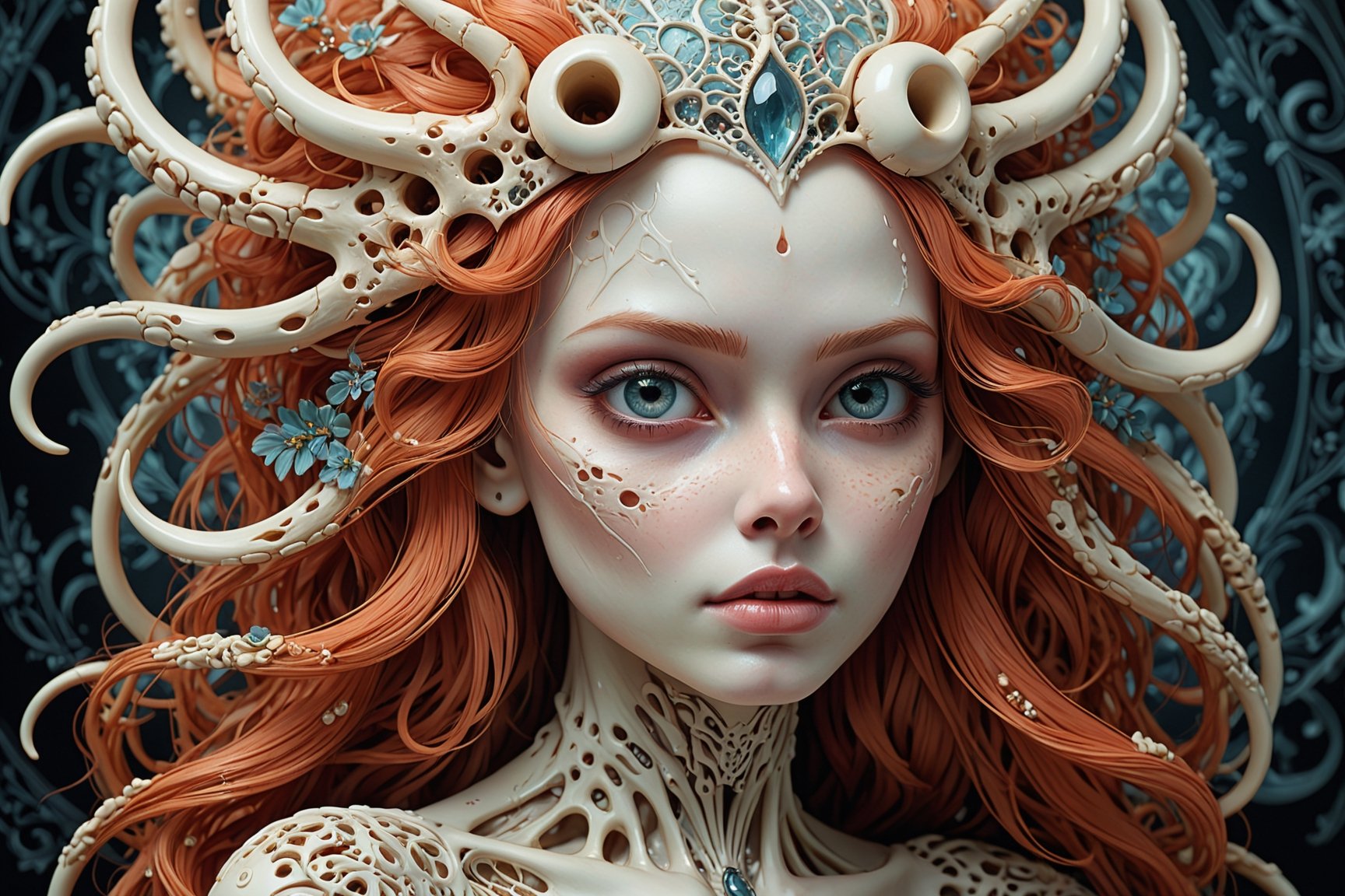 detailed realistic beautiful porcelain skull goddess portrait (blood soaked hair) by jean delville, gustave dore, iris van herpen and marco mazzoni, art forms of nature by ernst haeckel, art nouveau, symbolist, Kinetic Art, visionary, gothic, neo - gothic, pre - raphaelite, fractal lace, intricate alien botanicals, ai biodiversity, surreality, hyperdetailed ultrasharp octane render, (Audrey Kawasaki, Anna Dittmann), known for their captivating and atmospheric pieces. The overall effect of the image is ethereal, as if the woman is enveloped in glowing stardust, created expertly by artist W. Zelmer. The image is of exceptional quality, showcasing the fine details and masterful blending of colors, ((dripping oil, Skulls)),