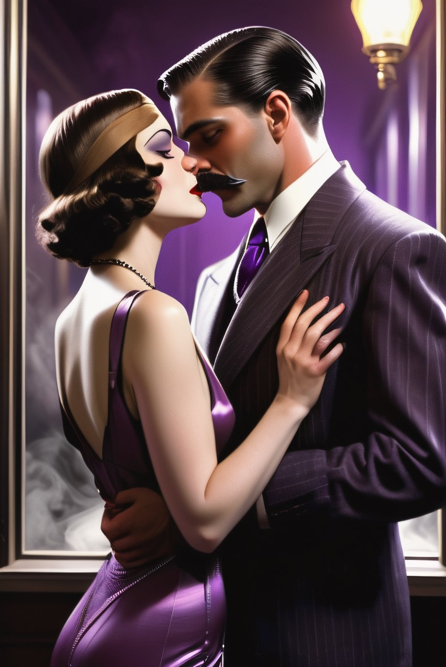 Create an image in the style of 1930s hard-boiled novel illustrations, depicting a scene where a man with a dapper 1930s look, tailored suit, with long brown hair, mustache and goatee, in a close embrace with a mystical woman with sleek purple hair reminiscent of the era's flapper style. The man exudes a gritty, noir detective vibe, while the woman, with her enchanting appearance, seems like a figure shrouded in mystery and allure typical of a femme fatale. The scene is set in a dimly lit, smoke-filled room that hints at an underground speakeasy or a private detective's office, with subtle elements of green and purple lighting casting an eerie yet captivating glow around the two figures, suggesting an underlying layer of magic and intrigue. The passionate kiss between the two should be the central element, drawing the viewer into this moment of intense connection amidst a backdrop that blends the hard-edged realism of the '30s with a touch of the fantastical. 