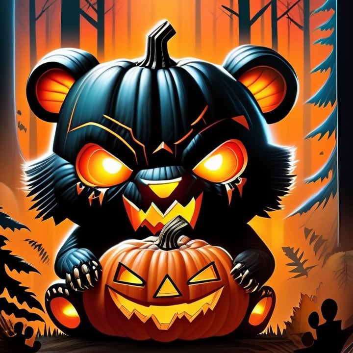 A comic book scene of a black panther cub with a pumpkin for a head, eyes and mouth glowing and smoking with red and yellow light, sitting in a foggy forest. The pumpkin cub has a glowing jack-o-lantern face carved into the pumpkin, with triangular eyes and a toothy carved grin emitting red and orange light and smoke.