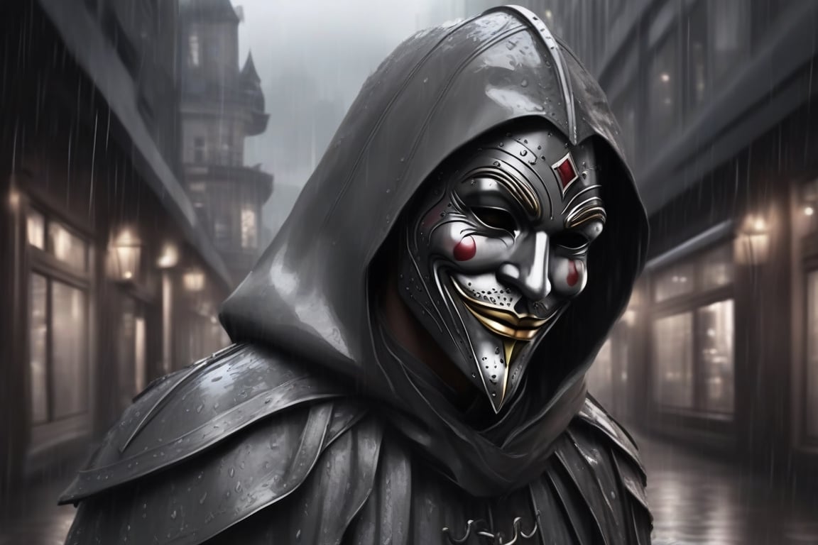 generate a medieval jester walks alone in a modern city, iron smiling mask, head down , sad, in a modern city,raining, grey theme,LegendDarkFantasy,realistic