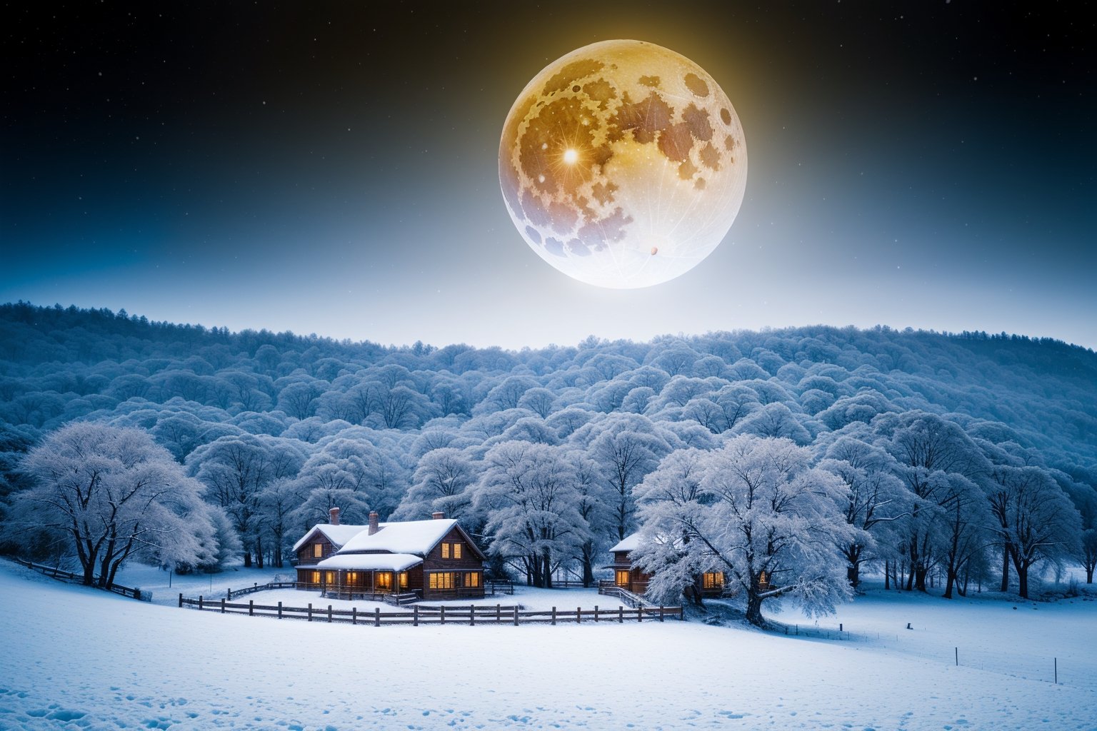 masterpiece,landscape,christmas,winter,falling_snow,fantasy00d,a big yellow round moon in the sky,santa fly in the sky,wonderful