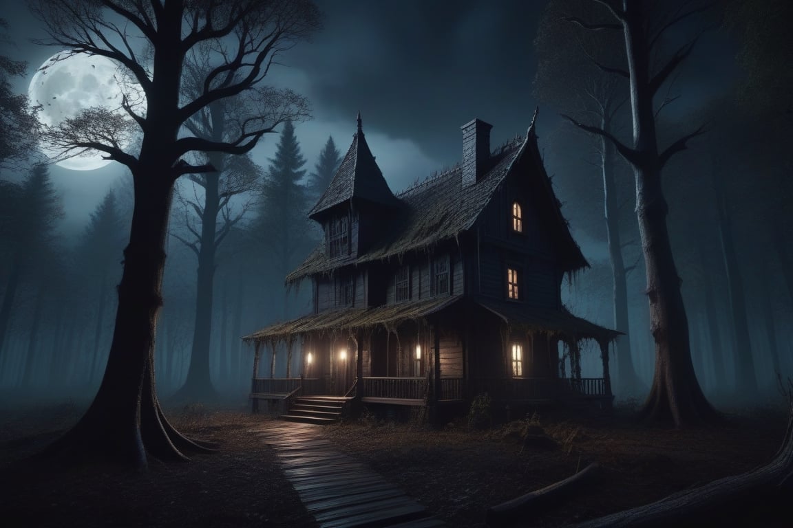 generate a wood house, creepy forest, some dead bodies are hanged on the trees, at the midnight, gothic theme, cinematic light, realistic