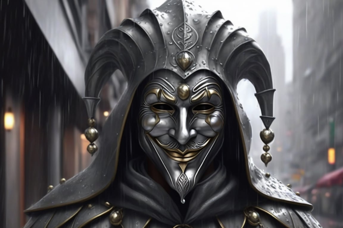 generate a medieval jester , iron smiling mask, head down sadly, in a modern city,raining, grey theme,LegendDarkFantasy,realistic