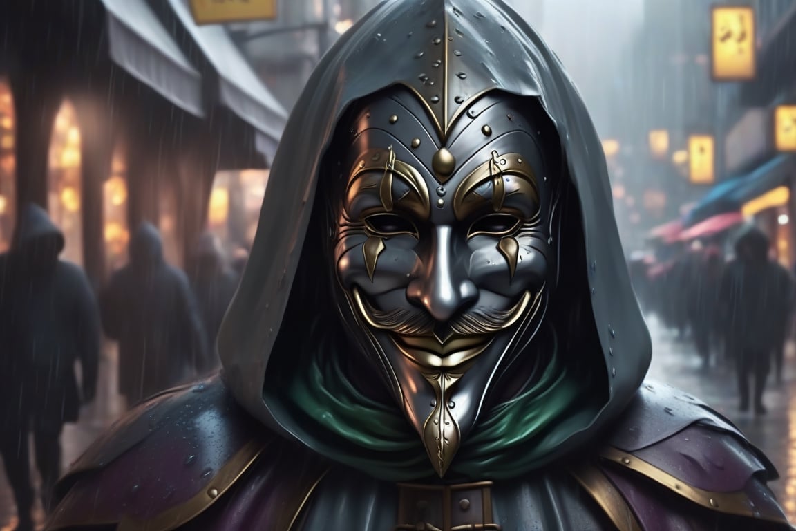 generate a medieval jester stands on the crowded street , wearing an iron smiling mask, sad theme, in a modern city,raining, grey theme, realistic, cinematic light,LegendDarkFantasy