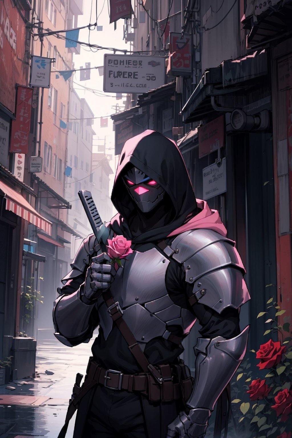 generate a knight, hood, staring on the rose that he is holding , sad, pink colour backround , cinematic light