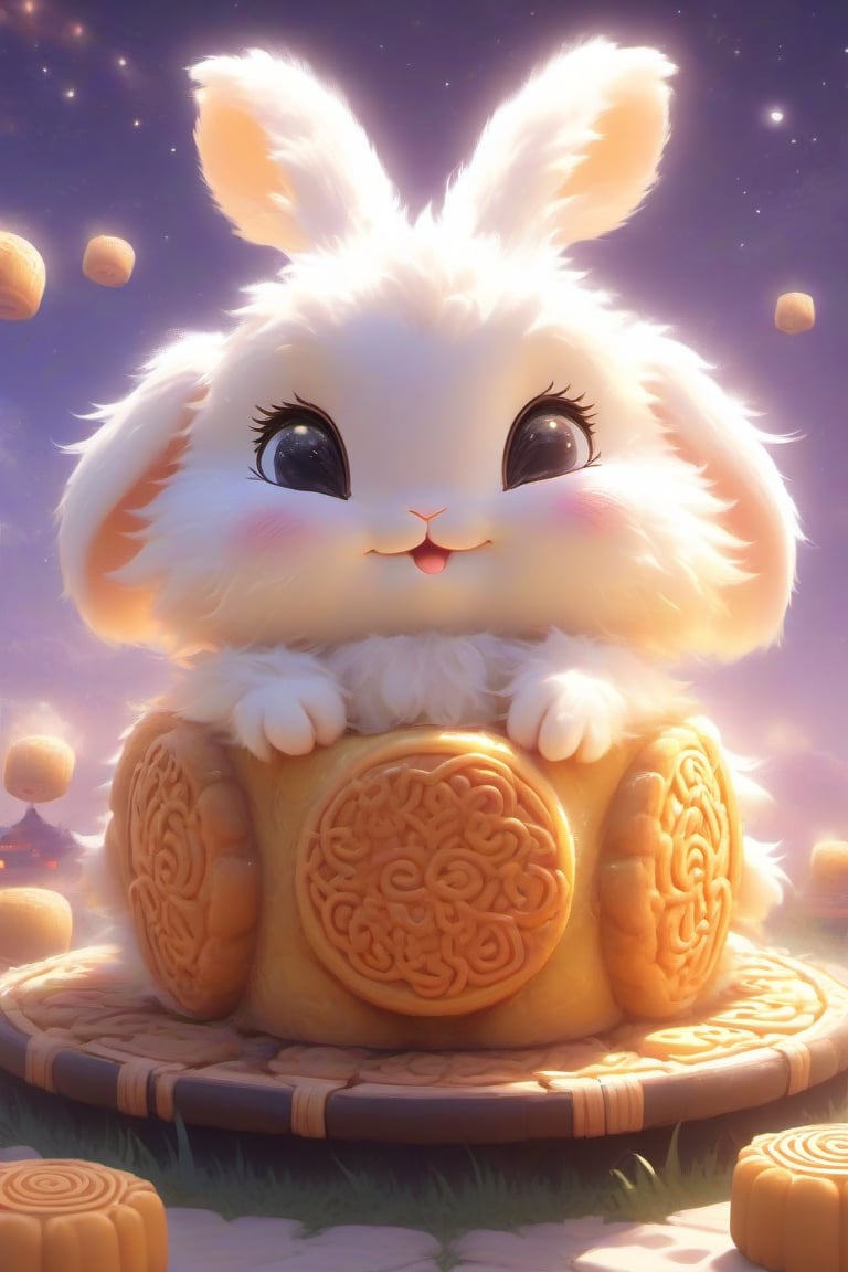 generate a cute furry moon rabbit, it has a big round eye and it is yellow colour, it is extremely cute and beautiful, mooncake festival backround, masterpiece,Arien view