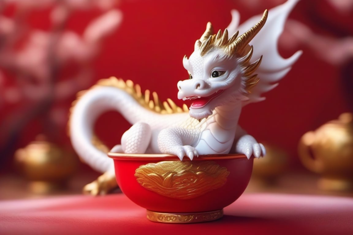 White dragon baby,in a golden red cup. surrounding by chinese new year decoration room, soft cinematic lighting, highly detailed, 8k