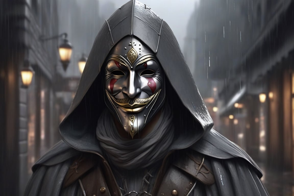 generate a medieval jester walks alone in a modern city, iron smiling mask, head down , sad, in a modern city,raining, grey theme,LegendDarkFantasy,realistic