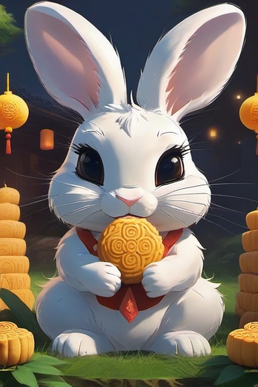 generate a cute furry rabbit, it has a big round eye and it is yellow colour, it is extremely cute and beautiful, mooncake festival backround, masterpiece