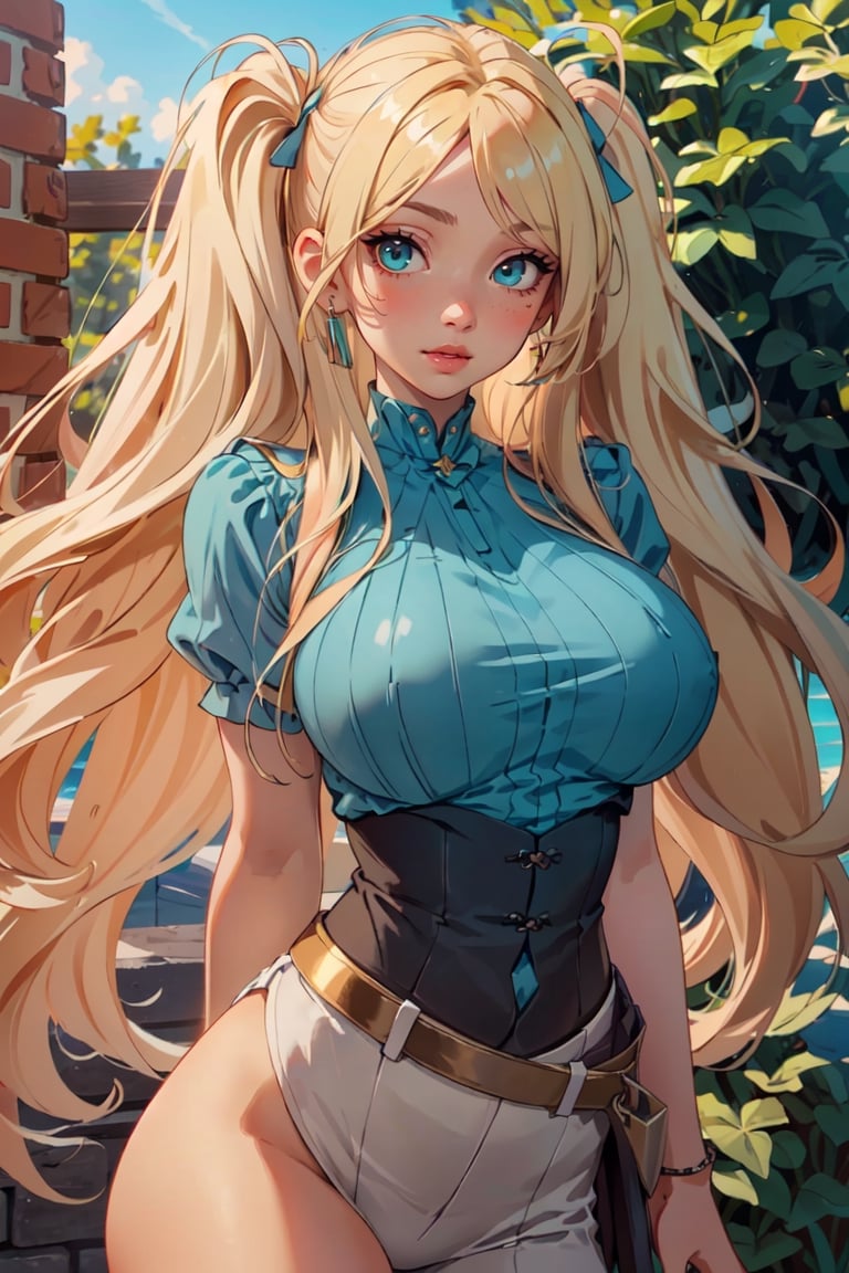 (masterpiece, best quality, hires, high resolution: 1.2), extremely detailed, 18yo,  realistic, 1 girl, slight smile, blushing, mint eyes, sunlight, light body, waist, huge breasts ,long hair, twin_tails, very_long_hair ,blond_hair, blonde, blue_eyes, knights (ensemble stars!)