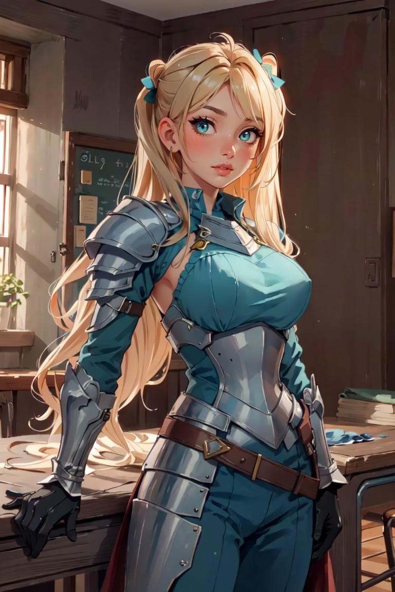 (masterpiece, best quality, hires, high resolution: 1.2), extremely detailed, 18yo,  realistic, 1 girl, slight smile, blushing, mint eyes, sunlight, light body, waist, huge breasts ,long hair, twin_tails, very_long_hair ,blond_hair, blonde, blue_eyes, school_uniform, armor, armored, knights (ensemble stars!)