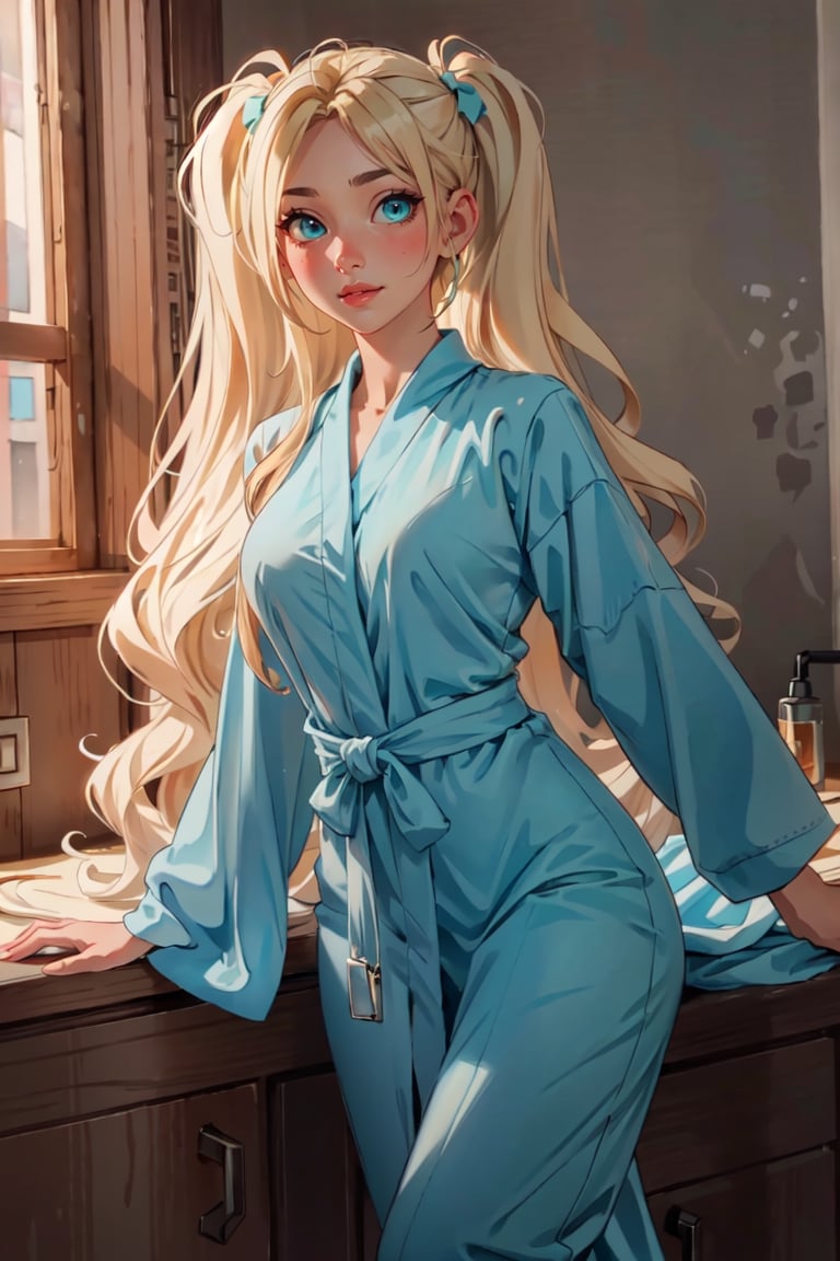 (masterpiece, best quality, hires, high resolution: 1.2), extremely detailed, 18yo,  realistic, 1 girl, slight smile, blushing, mint eyes, sunlight, light body, waist, huge breasts ,long hair, twin_tails, very_long_hair ,blond_hair, blonde, blue_eyes, bathrobe,  open clothing,  floating clothing, Extremely, no_bottoms