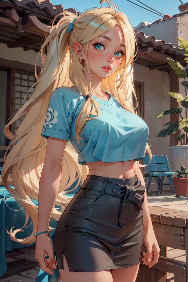 (masterpiece, best quality, hires, high resolution: 1.2), extremely detailed, 18yo,  realistic, 1 girl, slight smile, blushing, mint eyes, sunlight, light body, waist, huge breasts ,long hair, twin_tails, very_long_hair ,blond_hair, blonde, blue_eyes,  crop_top, short_skirt