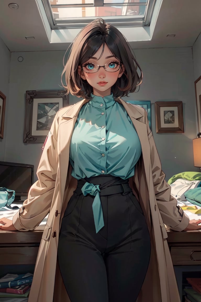 (masterpiece, best quality, hires, high resolution: 1.2), extremely detailed, 18yo,  realistic, 1 girl, French black hair, short hair, slight smile, blushing, mint eyes, sunlight , interior, light body, black hair, waist, huge breasts, glasses, doctor's coat